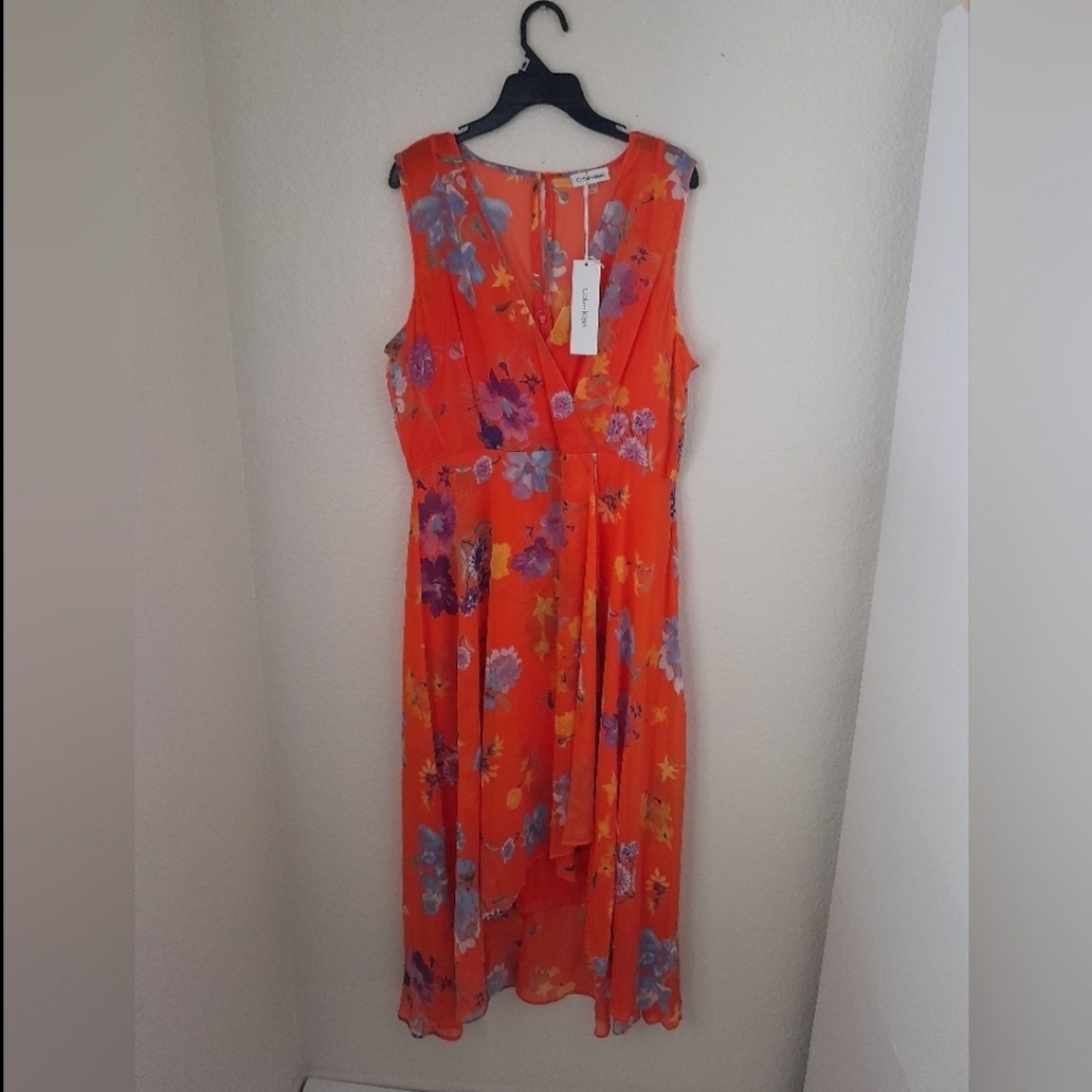 Calvin Klein Dress Midi Floral Sleeveless Summer Casual Orange 16 Plus - Picture 4 of 12